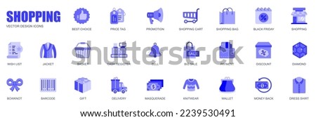 Shopping concept of web icons set in simple flat design. Pack of best choice, price tag, promotion, cart, bag, black friday, wish list, discount, sale and other. Vector blue pictograms for mobile app