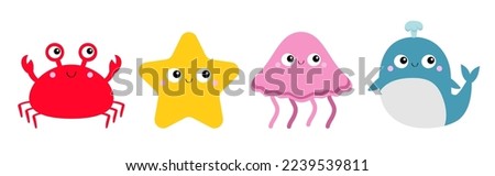 Crab whale Jellyfish Starfish toy icon set line. Big eyes. Yellow star. Cute cartoon kawaii funny baby character. Sea ocean animal collection. Kids print. Flat design. White background Isolated Vector