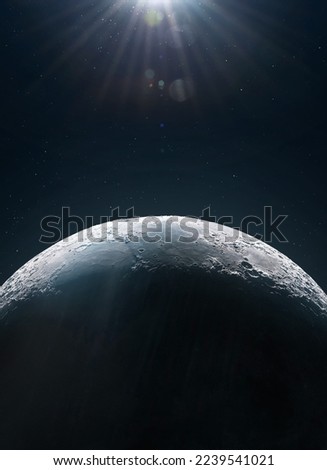 Moon surface view from space. Sci-fi space collage. Lunar orbit. Flight to Moon. Elements of this image furnished by NASA