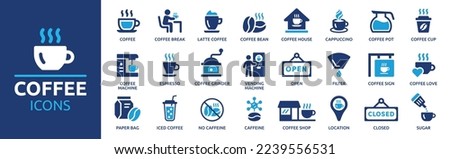 Coffee icon set. Containing latte, coffee bean, cappuccino, espresso, coffee shop, sugar and caffeine. Solid icon collection. Royalty-Free Stock Photo #2239556531