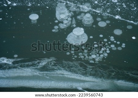 Picture of winter: air bubbles and crack line in the ice of lake 