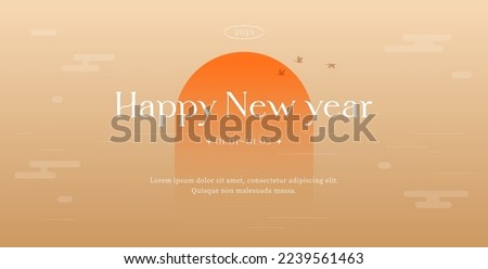 2023 Happy new year concept. Sun rising over the sea. First sunrise, cloud, Geese. Minimal Modern layout, fashionable color. Banner, poster, flyer, greeting card. Trendy Flat vector illustration. Royalty-Free Stock Photo #2239561463