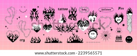 y2k gothic flame tattoo stickers. Retro psychedelic love art. Vector illustration of hand drawn elements, barbed wire, fire, butterfly, heart. Aesthetic nostalgic 2000s goth girly icons.