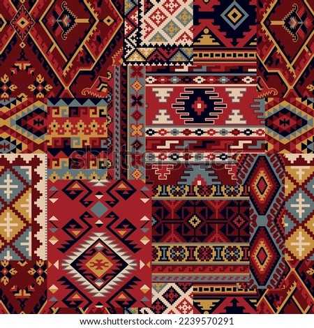 Caucasian style antique kilim carpet motifs patchwork vector seamless pattern wallpaper Royalty-Free Stock Photo #2239570291
