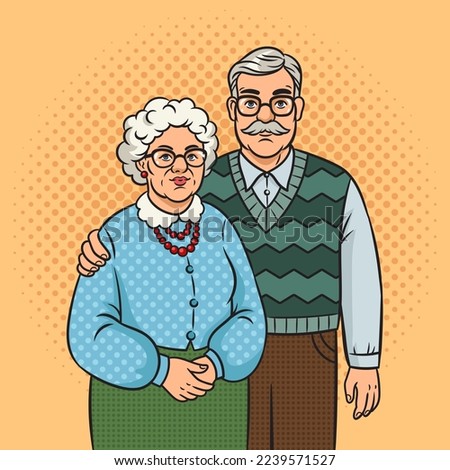 elderly couple family pinup pop art retro raster illustration. Comic book style imitation.