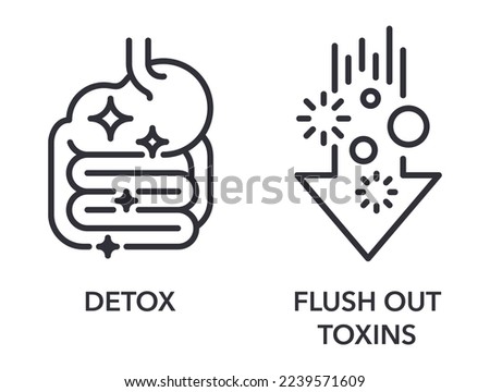 Detox and Flush Out Toxins icons set - labeling of food supplement. Pictograms set in thin line Royalty-Free Stock Photo #2239571609