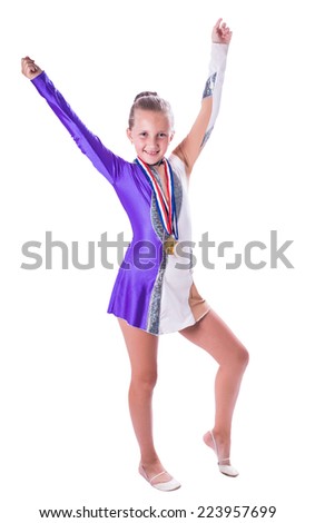 Girl gymnast with medals isolated white background