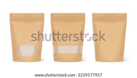Clean kraft pouch with windows. Vector illustration. Your product is visible through the window. Perfect for the presentation of your product. EPS10. Royalty-Free Stock Photo #2239577957