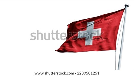 Switzerland waving 3D render Flag, on a blue sky background. - image