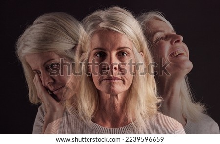 Senior woman, bipolar or mental health for depression, psychology or mood swings. Mature female, depressed or schizophrenia with identity crisis, trauma anxiety or problem with portrait, sad or smile Royalty-Free Stock Photo #2239596659
