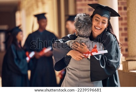 Hug, graduation and graduate, women and education achievement, success on university campus and certificate with academic goals reached. College, student and graduating ceremony, event and degree. Royalty-Free Stock Photo #2239596681