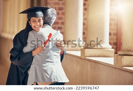 Woman, graduation or hug for celebration, scholarship or higher education achievement. Female student, embrace or success for certificate, happy or learning completed at university, diploma or degree Royalty-Free Stock Photo #2239596747
