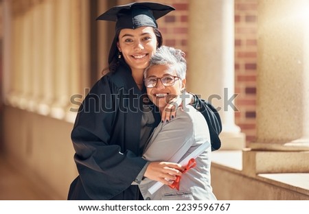 Graduation, university and portrait of mother with girl at academic ceremony, celebration and achievement. Family, education and mom hugging graduate daughter with degree or diploma on college campus