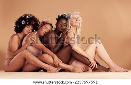 Diversity, women and hug of underwear model group of friends with peace from eco friendly skincare. Body positivity, happy and woman feeling calm, happiness and beauty from skin and flower hair care Royalty-Free Stock Photo #2239597591