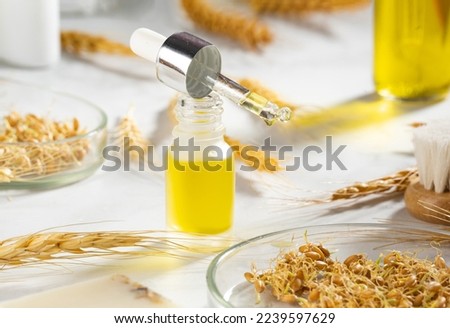 Bottle of body oil with a dropper. A conceptual composition of wheat essential oil, a bath brush and wheat germ on a marble table. Wheat serum oil for skin and hair care. Self-care, spa and wellness. Royalty-Free Stock Photo #2239597629