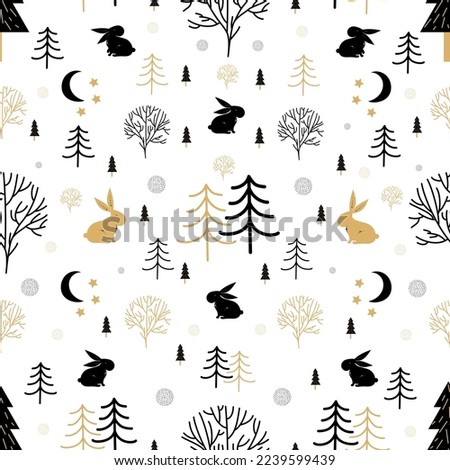 Funny seamless pattern with rabbits in forest on the white background. Folk style. Design for wrapping paper, package, textile. Vector illustration for Chinese New Year, Easter.