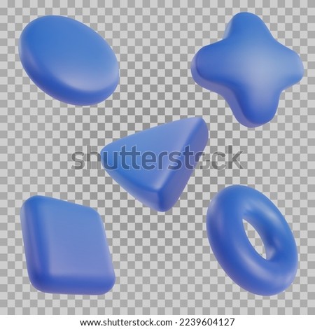 Set of 3d cartoon blue simple geometric shapes in realistic soft style. Collection minimal form on transparent background. Vector illustration.