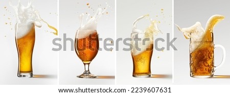 Collage. Mugs with fresh, cool foamy beer over grey background. Splashes and drops. Concept of alcohol, oktoberfest, drinks, holidays and festivals. Copy space for ad. Royalty-Free Stock Photo #2239607631