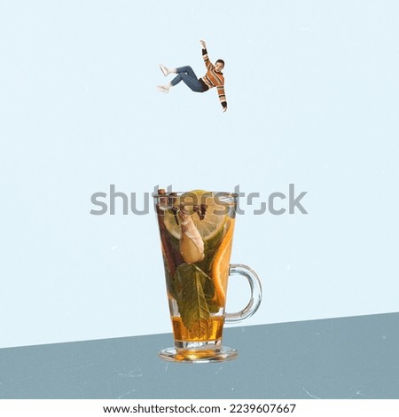 Contemporary artwork. Creative design. Young girl falling into hot ginger tea with honey, mint and citrus. Vitamin mix, winter drink. Concept of hot drink, coziness, taste, emotions, lifestyle. Poster