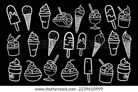 Set of ice cream hand-drawn illustration. White line illustration in black background for sticker, design item and any purposes. Isolated high resolution vector.