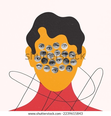 Contemporary artwork. Conceptual image. Male face silhouette with many different eyes looking. Social opinion inside head. Concept of inner world, social influence, psychology, diversity. Surrealism.