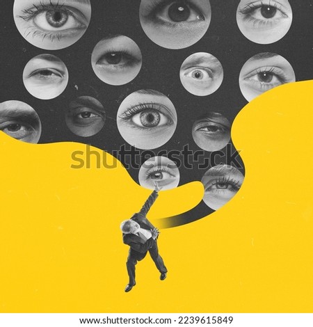 Contemporary art collage. Conceptual image. Senior man escaping many eyes looking. Obsessive thoughts. Social opinion. Concept of inner world, social influence, psychology, diversity. Surrealism.