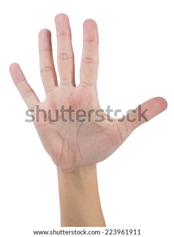 Female hand makes number five isolated on white background.