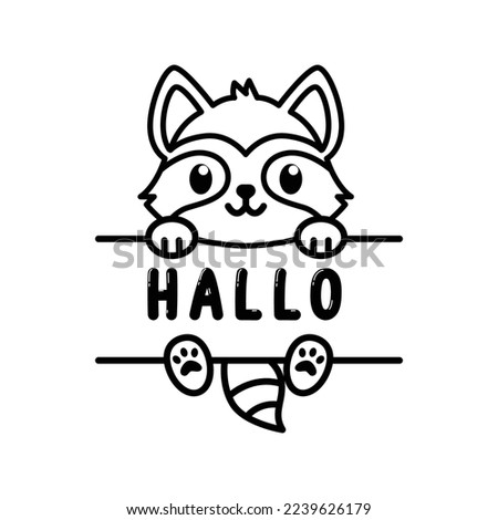 Cute racoon with hello sentence cartoon characters vector illustration. For kids coloring book.