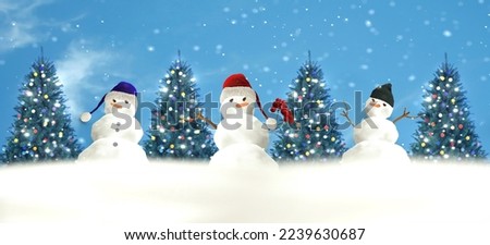 winter  season ,snowman and Christmas tree with decoration on snow and blue sky Holiday banner template background