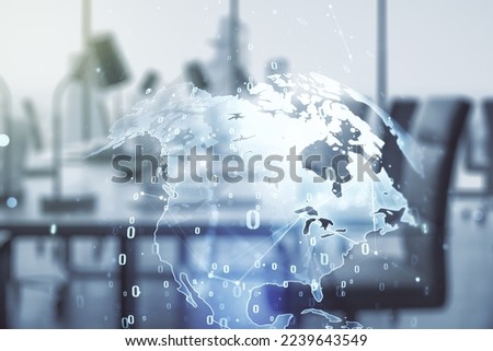 Multi exposure of abstract software development hologram and world map on modern corporate office background, global research and analytics concept