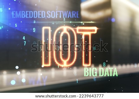 Abstract virtual IOT hologram on blurry modern office building background. Multiexposure