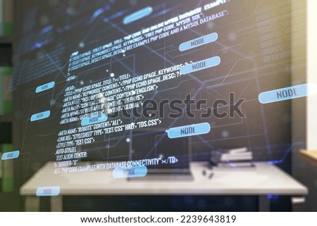 Multi exposure of abstract programming language hologram and modern desk with computer on background, artificial intelligence and machine learning concept
