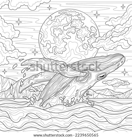 Whale in the sea and full moon.Coloring book antistress for children and adults. Illustration isolated on white background.Zen-tangle style. Hand draw Royalty-Free Stock Photo #2239650565