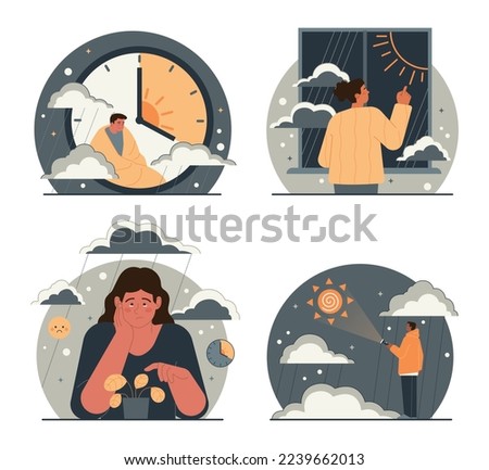 Seasonal affective disorder set. Lack of sunshine and short daylight hours. Character suffers from seasonal depression. Mental health problem concept. Flat vector illustration Royalty-Free Stock Photo #2239662013
