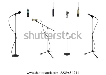 Realistic microphones. Stand mic tripod. Hanging on wire mike. Vintage stage stick. Karaoke studio. Professional concert equipment. Voice volume. Audio broadcast. Vector stereo devices set