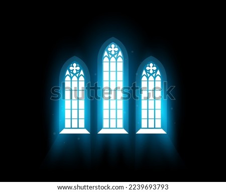 Church interior with stained-glass window, morning radiance in dark,  catholic chapel window, vector Royalty-Free Stock Photo #2239693793