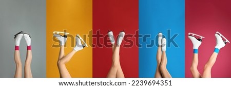 Collage with photos of women in ice skates on different color backgrounds, closeup view of legs. Banner design
