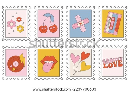 Collection of valentines day stamps in retro groovy style