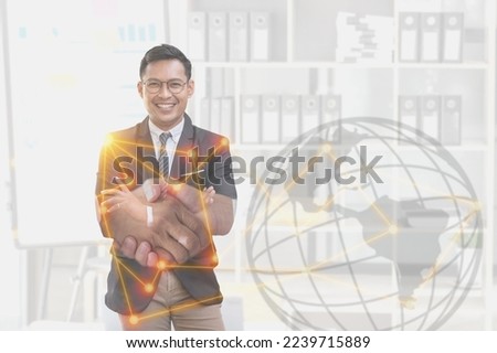 Marketing, Financial, Planning, Businessman in a black suit standing with his arms crossed and a smiling face Double exposure photo for business people to shake hands success of business ideas