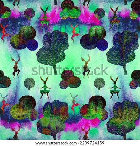 The hare is running. Animalistic illustration on a watercolor background. Seamless pattern. Use printed materials, signs, objects, websites, maps, posters, flyers, packaging.