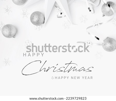 Merry Christmas and Happy Holidays card, New year 2023, white background, background decoration, White Christmas, greeting, invitation card, gift card, frame, banner white background, silver balls