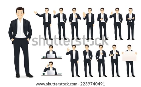 Asian business young man in black suit. Different poses set. Various gestures male character standing and sitting at the desk isolated vector illustration Royalty-Free Stock Photo #2239740491