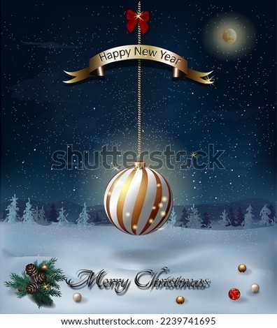 holiday card with christmas ball on winter background