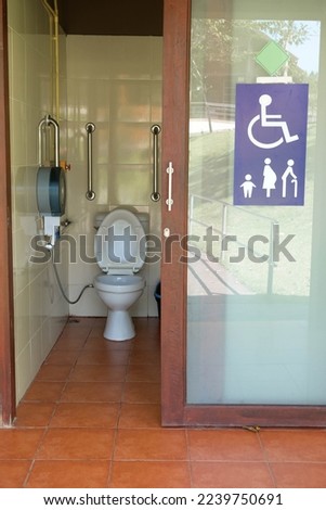Modern disabled toilet for the elderly and disabled, with handrails and wheelchair access.