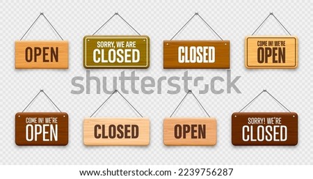 Wooden open or closed hanging signboards. Made of wood door sign for cafe, restaurant, bar or retail store. Announcement banner, information signage for business or service. Vector illustration Royalty-Free Stock Photo #2239756287