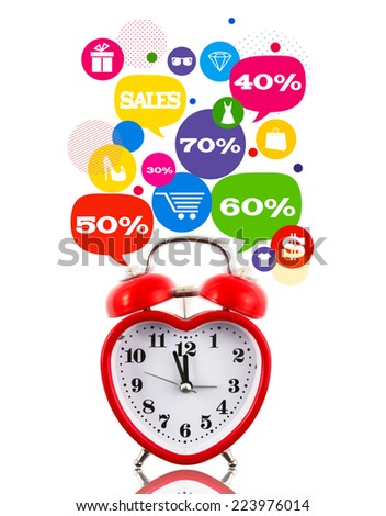 Heart alarm clock with sale icons in talk bubbles isolated