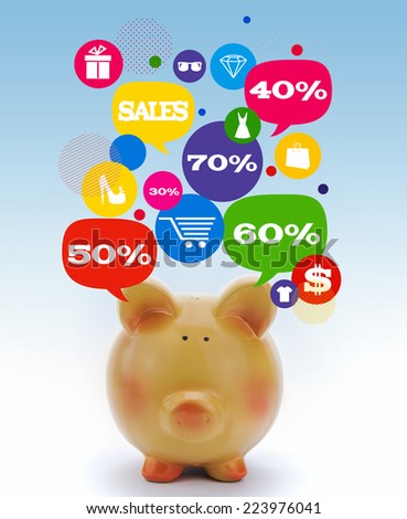 Piggy bank with sale icons in talk bubbles