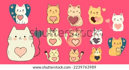 Collection of hand drawn cartoon cats with hearts for Valentine's Day. Clip art set of doodle animals for valentines day greeting card or sticker isolated on pink background. Kittens with heartsVector