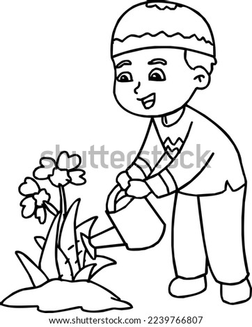 vector illustration boy watering a flower
