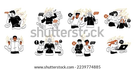 Set of angry people. Aggressive men and women conflict, argue and quarrel with each other. Characters scream and boil with negative emotion. Cartoon flat vector collection isolated on white background Royalty-Free Stock Photo #2239774885